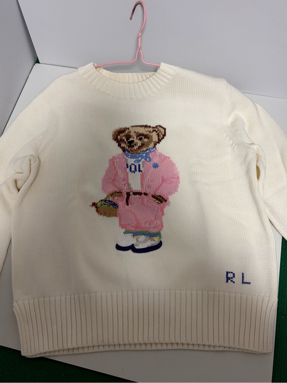 Ralph Lauren Cream Crewneck Sweater with Pink Teddy Bear Intarsia